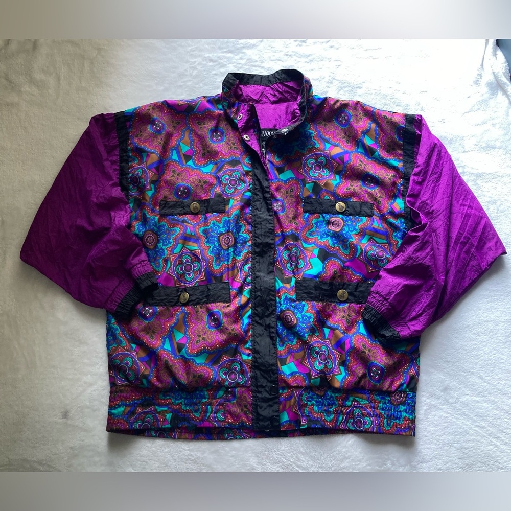 Vintage 80s 90s Colorful‎ Purple Mandala Geo Graphic Art Windbreaker Sz Medium